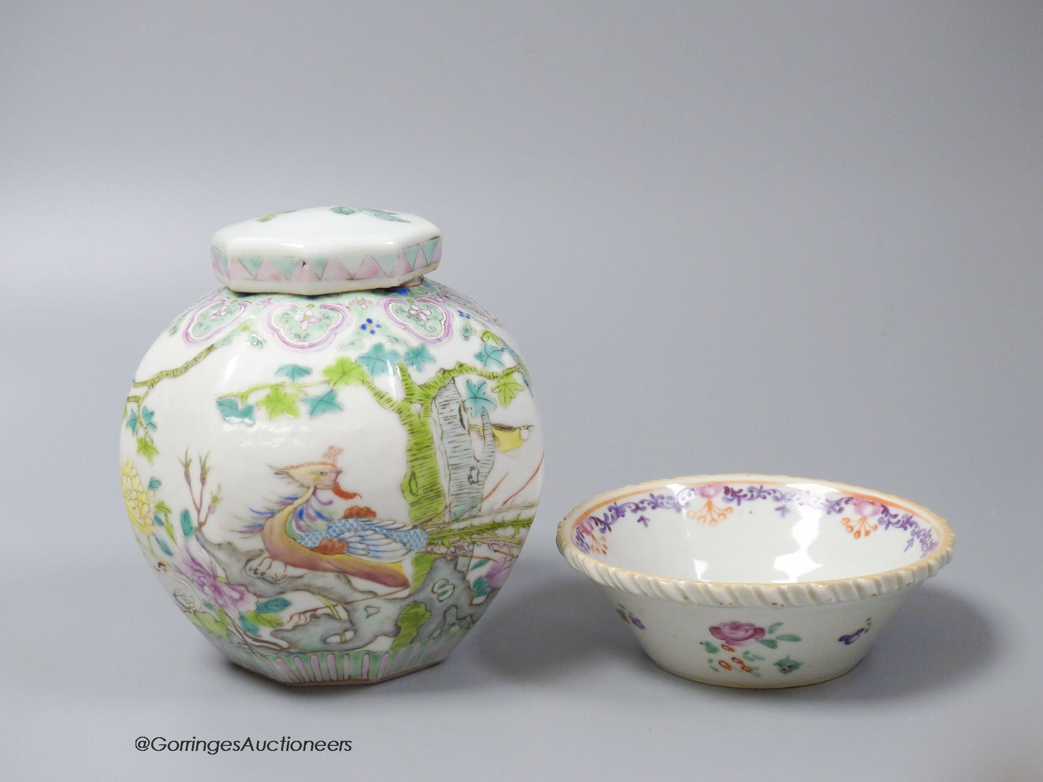 A Chinese Qianlong famille rose patty pan, and a 19th century Chinese ginger jar and cover (2)
